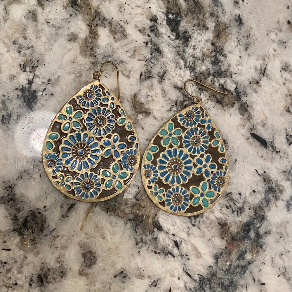 Francesca’s Gold metal brown and teal teardrop dangle earrings